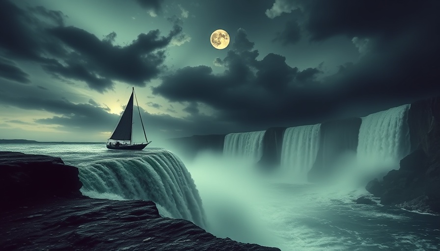 Surreal sailboat near a waterfall edge depicting sustainable growth strategies.