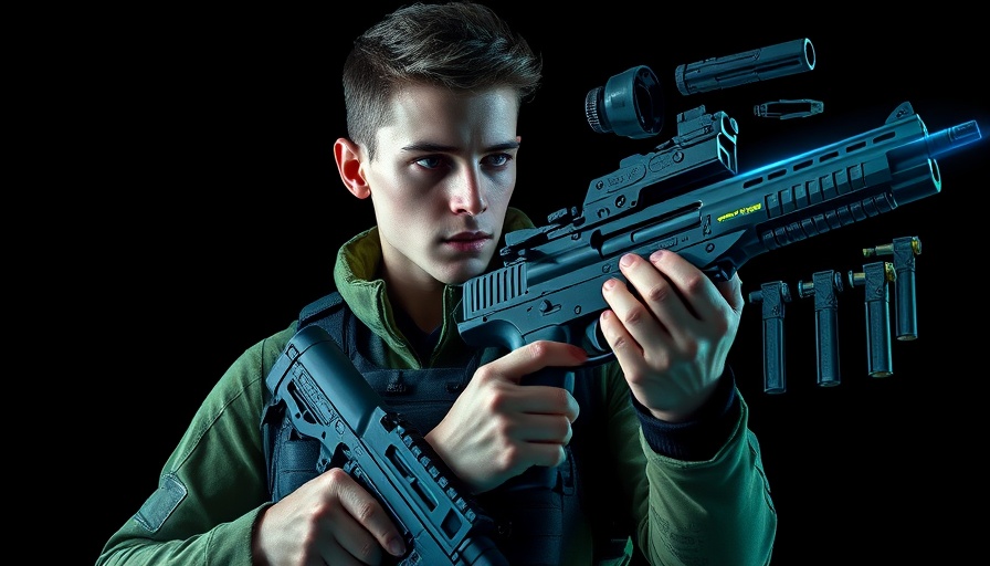 Collage on 3D-printed guns legality with young man and gun parts.