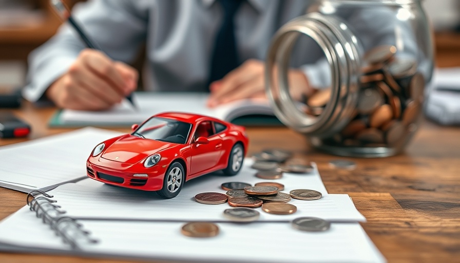 Financial planning for new vehicle affordability tariffs with coins and toy car.