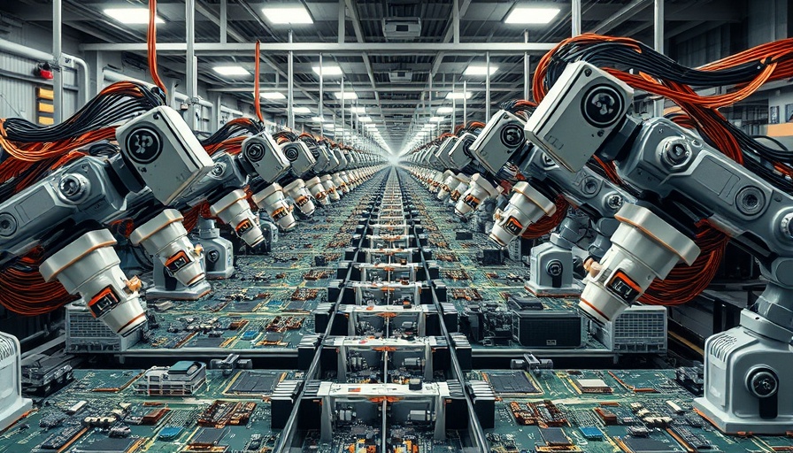 AI Factory Era: Robotic arms assembling circuit boards in a futuristic factory.