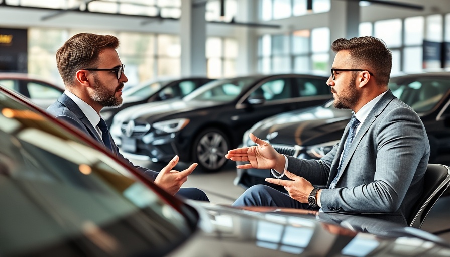 Businessmen discussing tariffs and dealership risks in an office setting.
