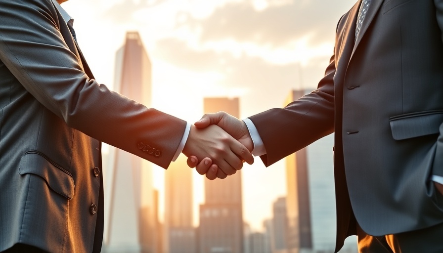 Professionals shaking hands against city skyline, AI project management solutions.