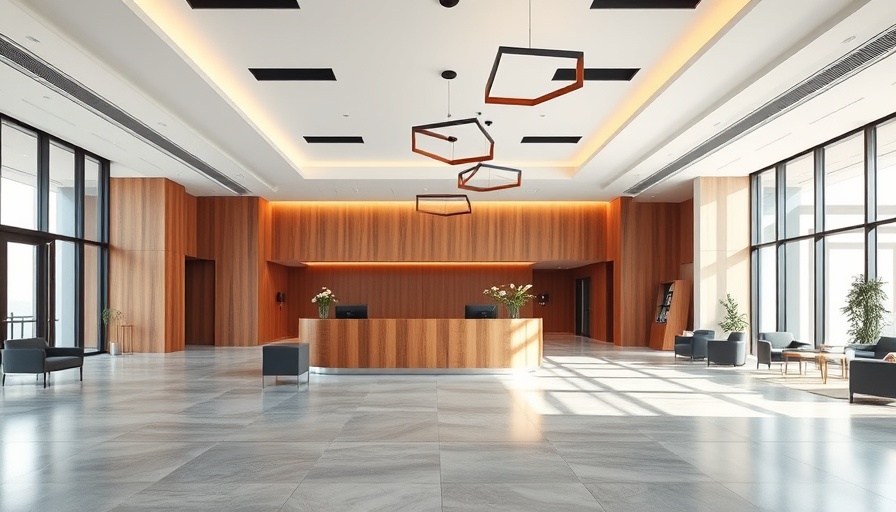 Modern office lobby featuring Workday AI agents theme with sleek wooden reception.