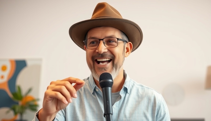 Middle-aged man in hat speaking into microphone, abstract wall.