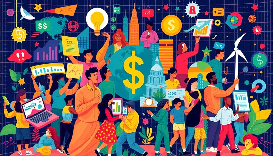 AI energy impact management illustration with diverse figures and symbols.