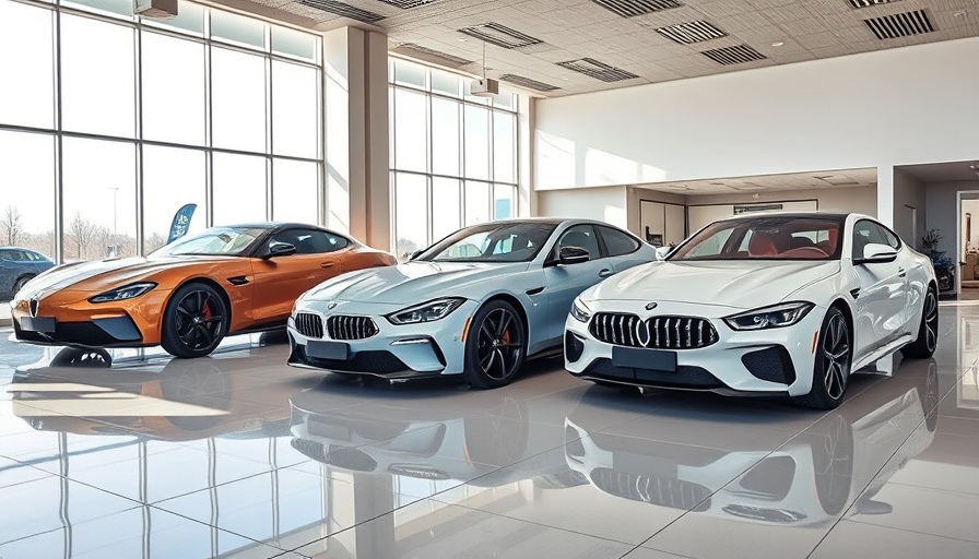 Modern cars in dealership showroom related to used car financing rates.