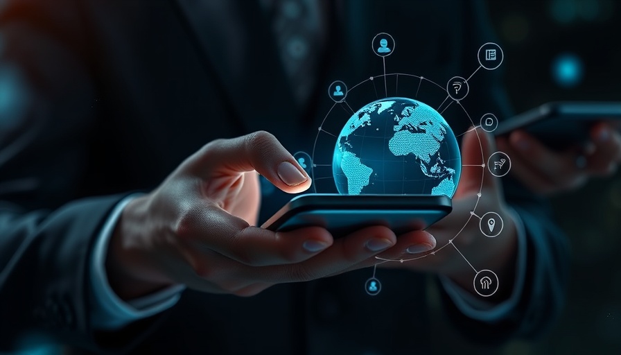 Businessman using smartphone with digital globe and tech icons, illustrating AI in dealership operations.
