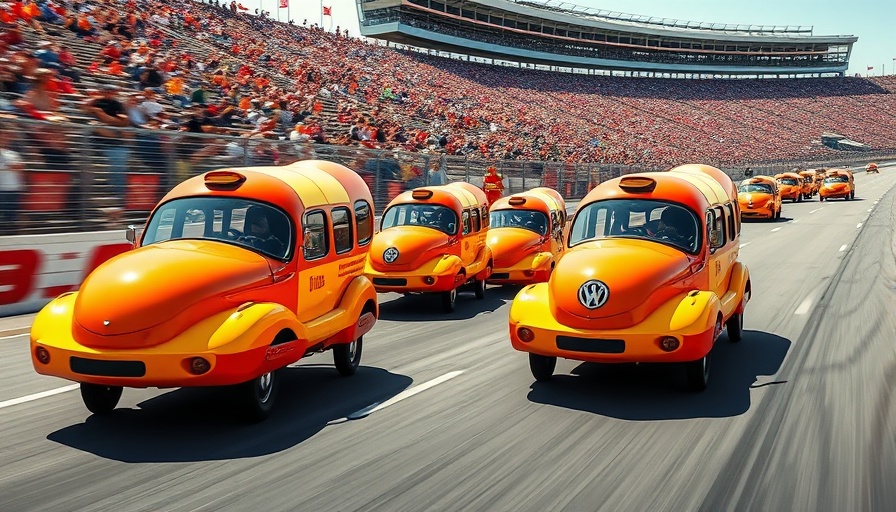Wienermobiles race at Indy 500 in dynamic photorealistic style.
