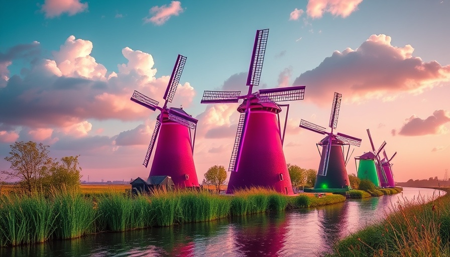 Colorful Dutch windmills by river, abstract neon style, Dutch startup ecosystem growth.