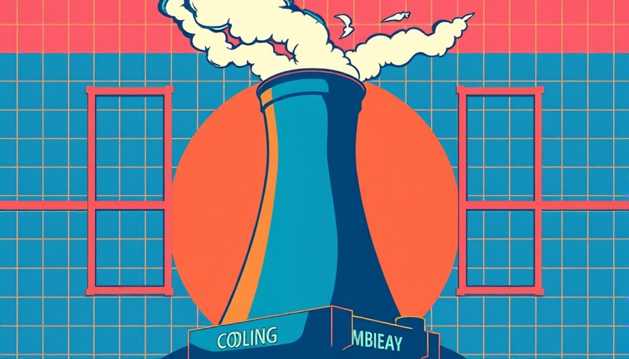Retro digital illustration depicting AI energy consumption with a cooling tower.