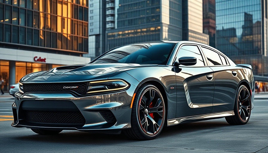 Futuristic Dodge Charger Daytona EV delay in urban setting.