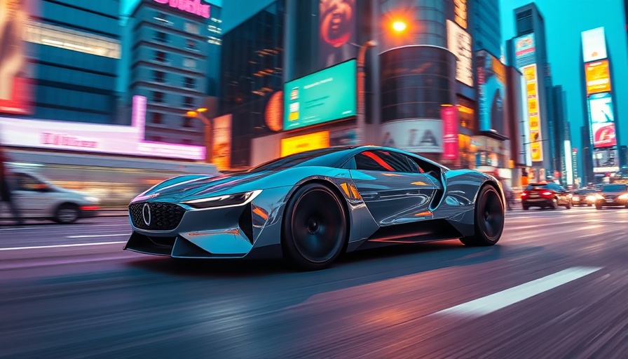 Futuristic electric car in neon cityscape, creativity in automotive marketing