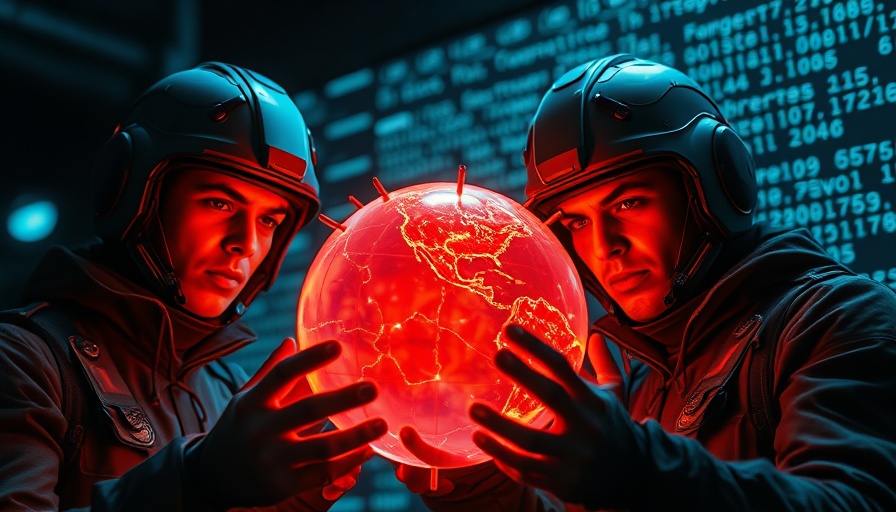 Futuristic digital security officers handling a glowing globe, representing Lumma malware infrastructure takedown.