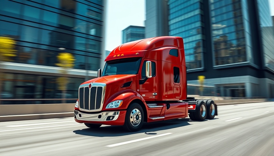 Modern red semi-truck in a city representing global truck manufacturing industry 2025.