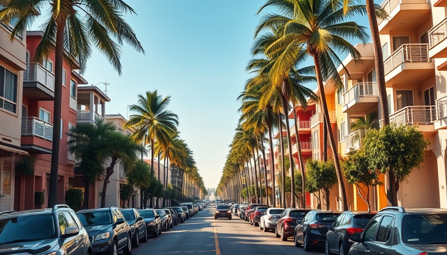 Urban Los Angeles street with palm trees and parked cars.