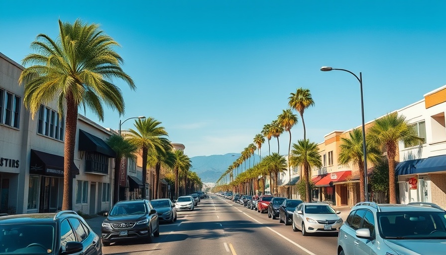 California street with cars and palm trees, bright sunny day