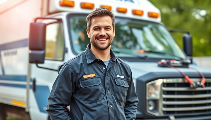 Mobile vehicle service technician smiling confidently outdoors.