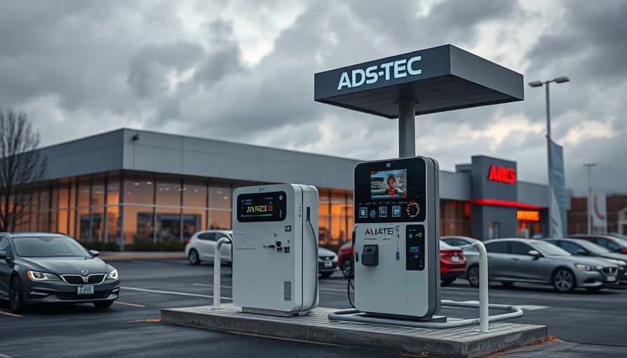 Modern ADS-TEC energy station at automotive center with cars.