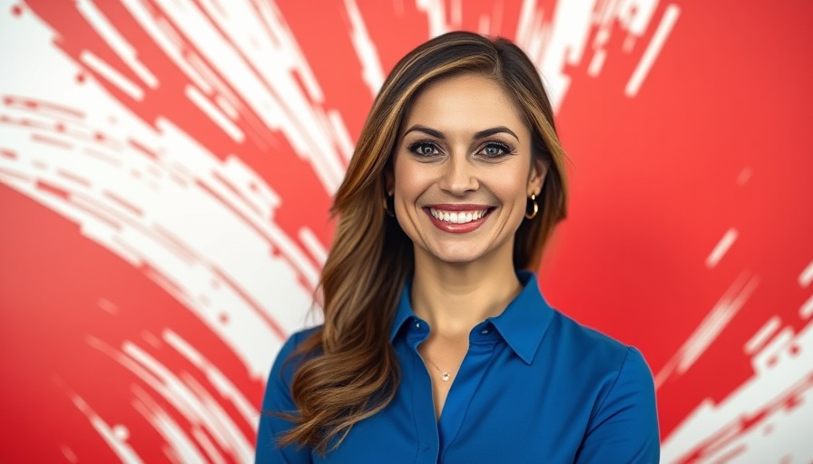 Professional woman in a blue blouse against abstract red-white background.
