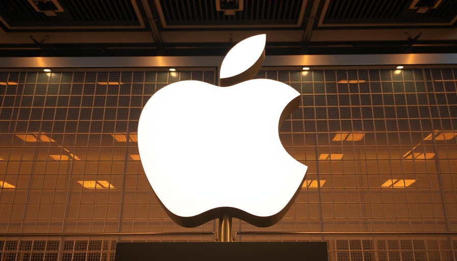 Large Apple logo in a modern setting, symbolizing tech innovation.