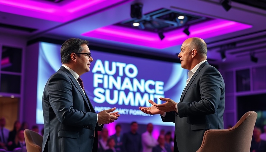 Professionals discussing business at Auto Finance Summit with focus on steady underwriting and growth.