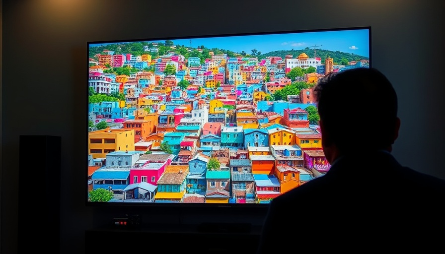 Colorful cityscape on a TV screen viewed by a person, showcasing Google's AI video generator.