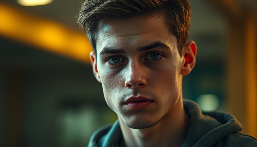 Focused young man in warm lighting with pixelated texture.