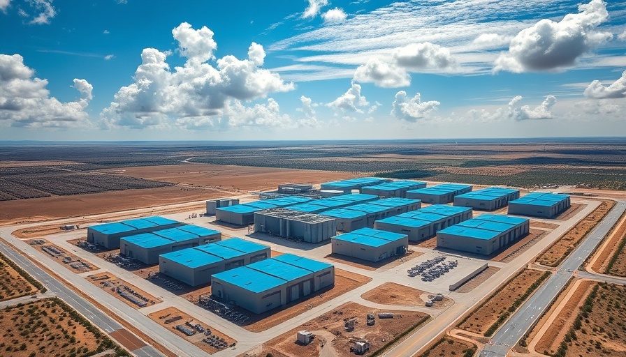 Aerial view of data center complex in open landscape.