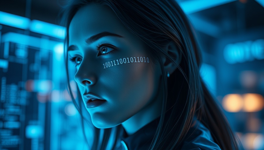 Binary code projected on woman's face symbolizing AI agents in business processes.