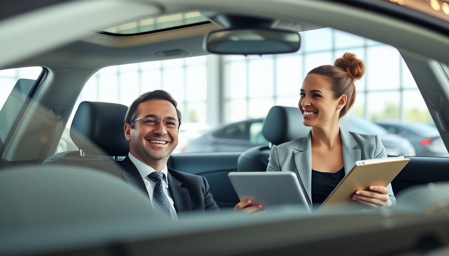 Friendly discussion on used car financing rates in dealership.