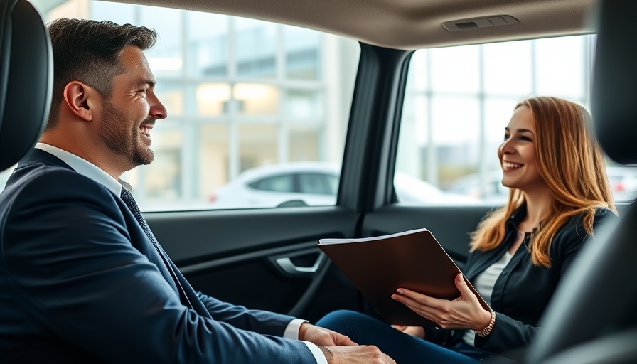 Smiling man and woman during car-buying journey at dealership.
