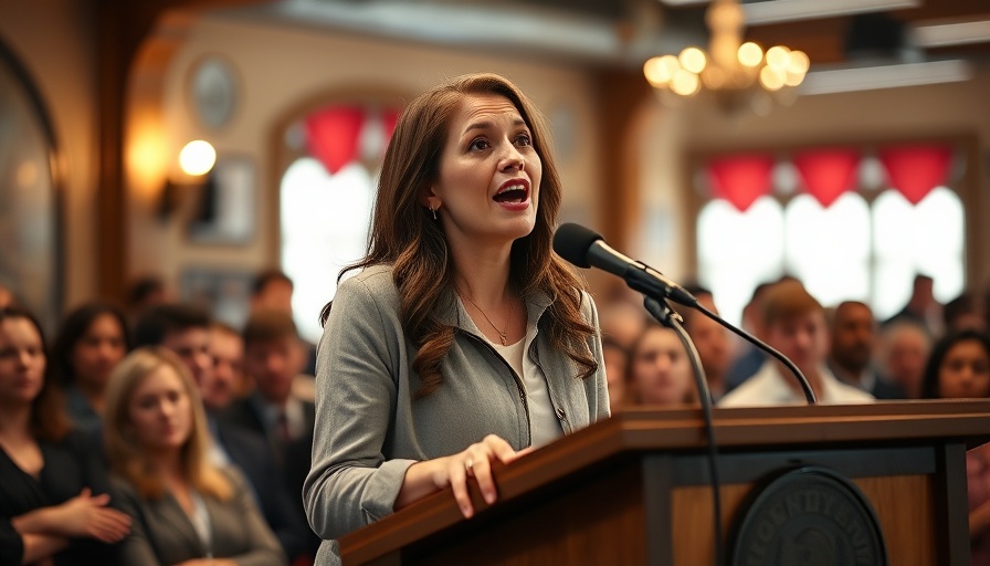 Energetic female speaker at podium discussing California gas car sales ban.