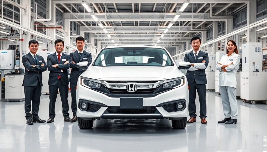Pakistan automotive export: Executives and workers with a new Honda car in a brightly lit factory.