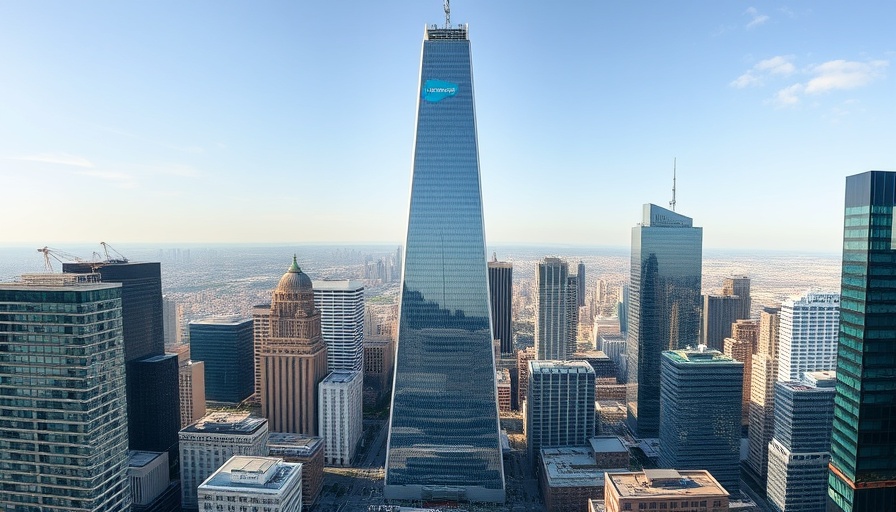 Salesforce skyscraper in cityscape during acquisition talks.