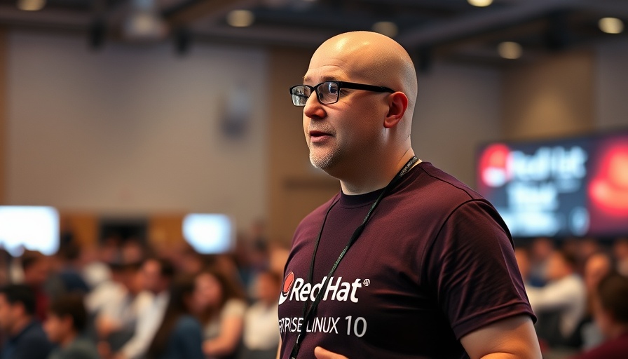 Man in Red Hat Linux 10 t-shirt speaking about RHEL 10 enterprise IT security.