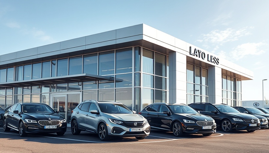 Modern car dealership with parked cars under bright sky.