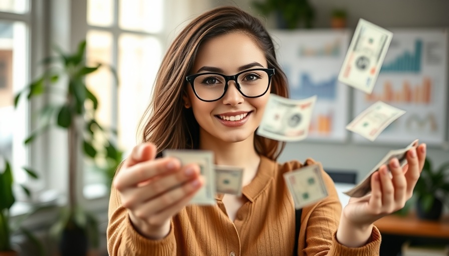 Confident woman throws money in home office, symbolizing FOMO investing in AI.