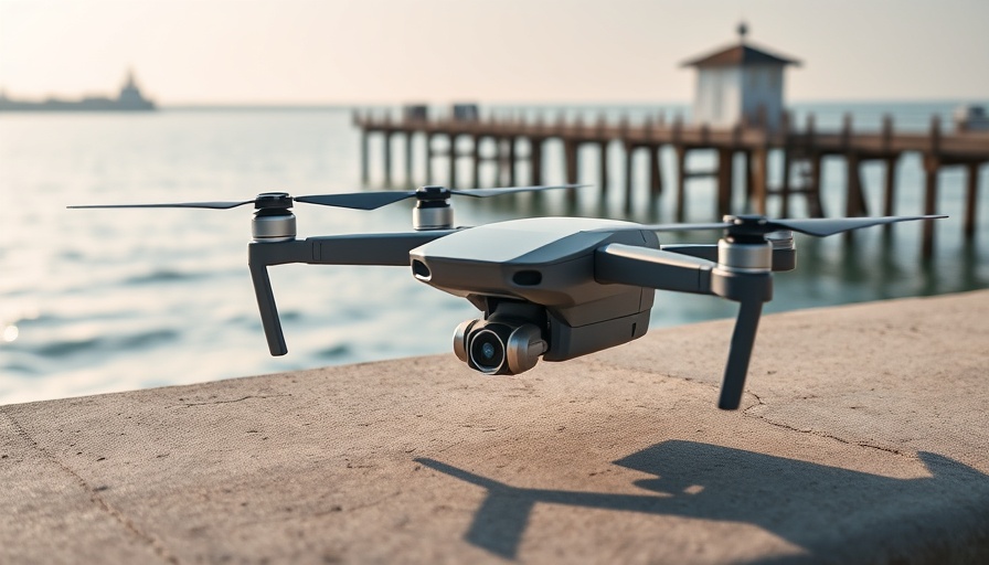 DJI Mavic 4 Pro drone on pier, photorealistic view.