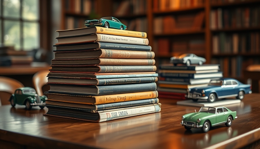 Stack of books for car enthusiasts on a wooden table.