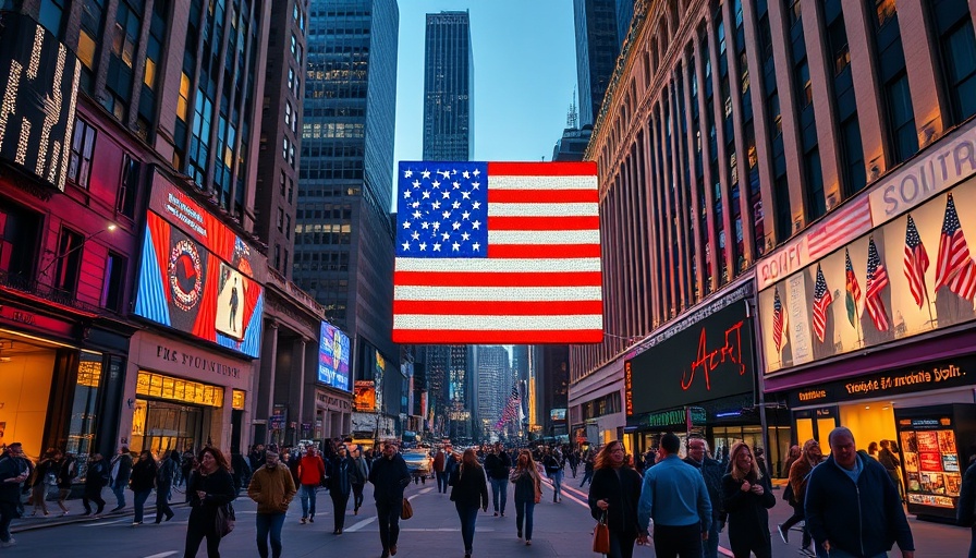 Digital American flag display in urban setting; Memorial Day Messaging.
