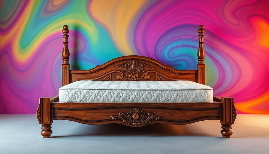Stylish mattress on a wooden bed with colorful gradient background