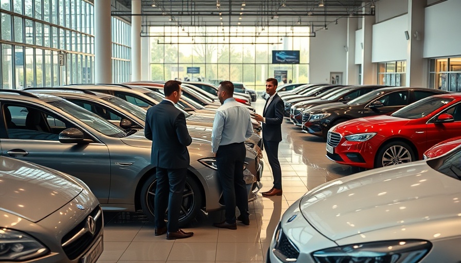 Elegant car dealership with buyers, best time to buy a car theme.