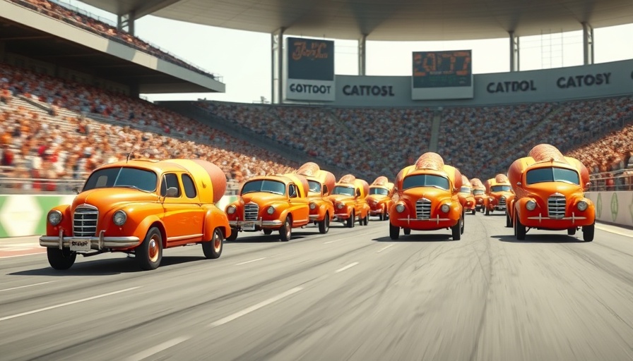 Vibrant hot dog vehicles racing at a sports track.