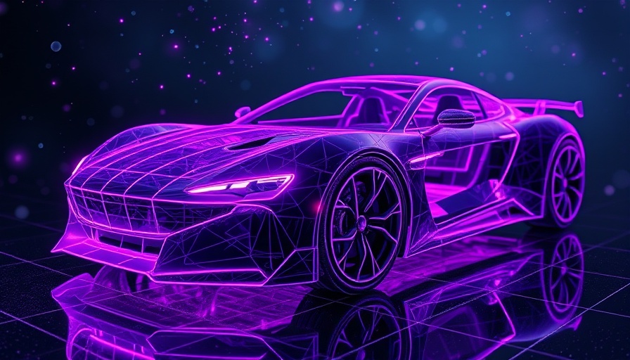 Futuristic car wireframe highlighting E/E architecture in a digital space.