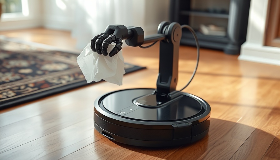 Roborock vacuum with mechanical arm on floor.