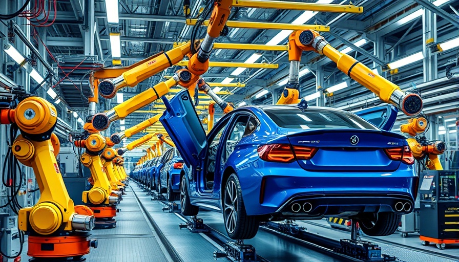 Advanced vehicle assembly plant with robotic arms, blue car assembly.