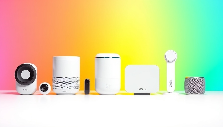 Minimalist smart home devices on vibrant gradient backdrop.