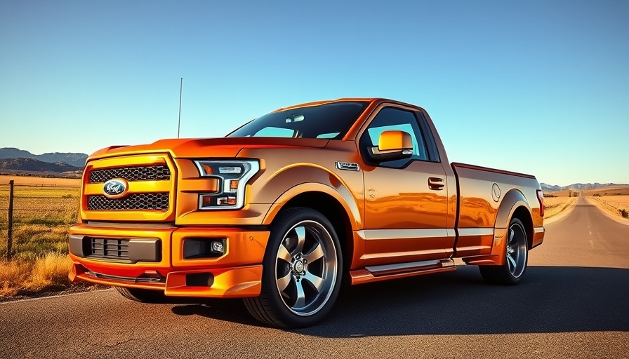 Retro Ford F-150 Lamborghini hybrid under blue sky.