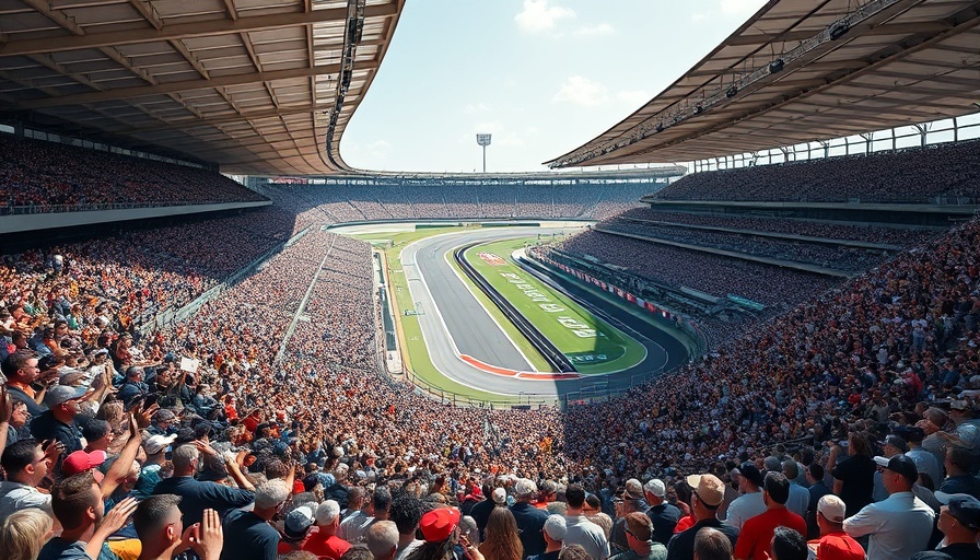 Indy 500 sold-out crowd cheering in a massive stadium.