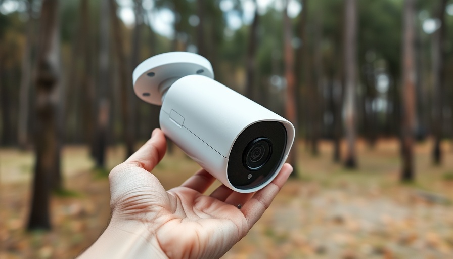 White outdoor security camera held in woodland area, no subscription needed.